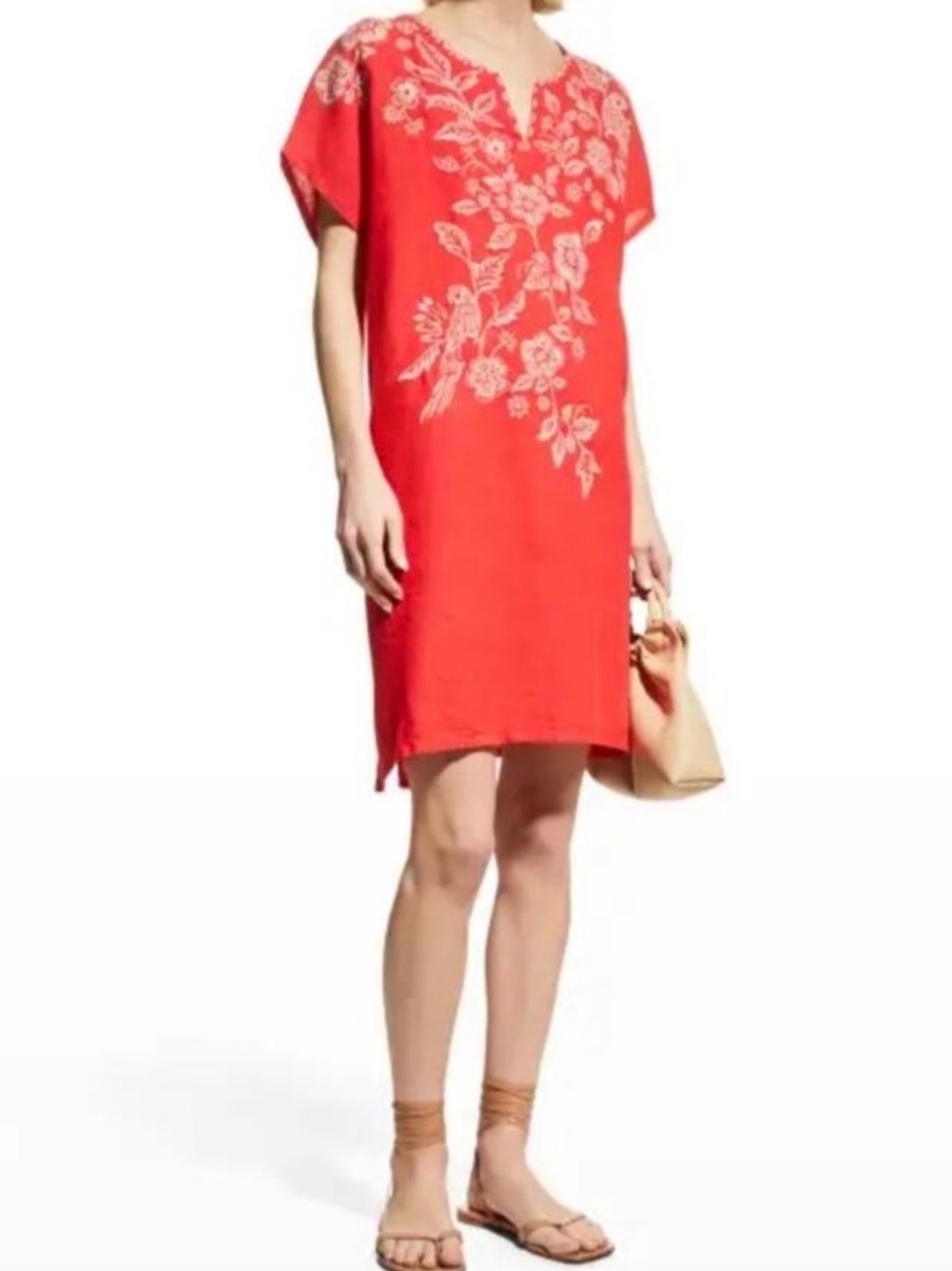 Johnny Was Red Embroidered Floral Patch Top